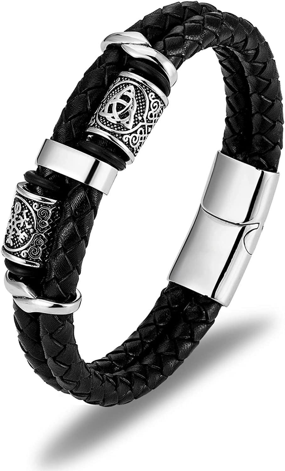 100% Apollo Leather Bracelet for Men Double-Row Black Braided Stainless ...